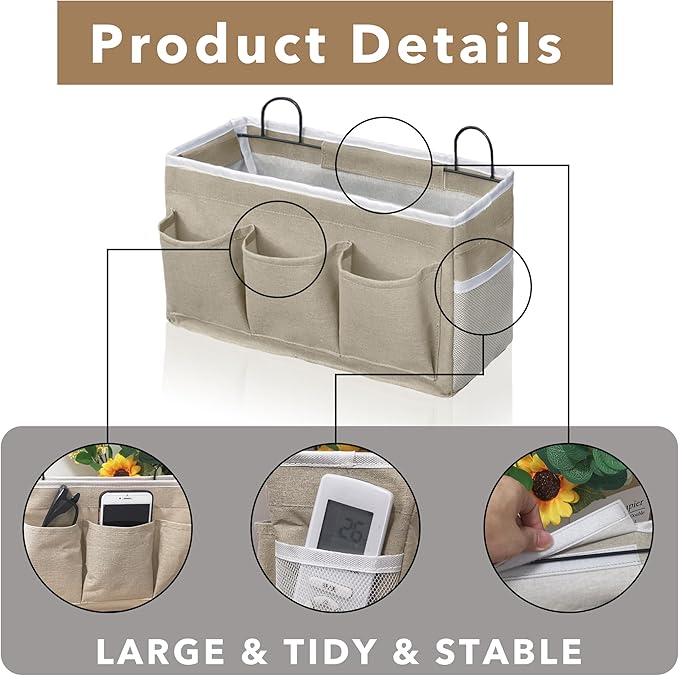 Kanrichu 2pcs Light-Style Wall Hanging Storage Bag, Linen Fabric Door Hanging Organizer Baskets with Pockets, Waterproof Bin for Bedroom, Kitchen, Office, RV Camper (LightKaki-2pcs)