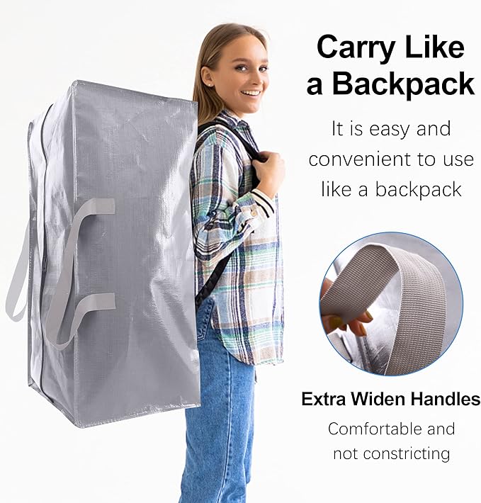 VELVETSURE Heavy Duty Extra Large Moving Bags W/Backpack Straps - Strong Handles & Zippers, Storage Totes For Space Saving, Fold Flat, Alternative to Moving Box and Storage Bin (Set of 6, Silver)