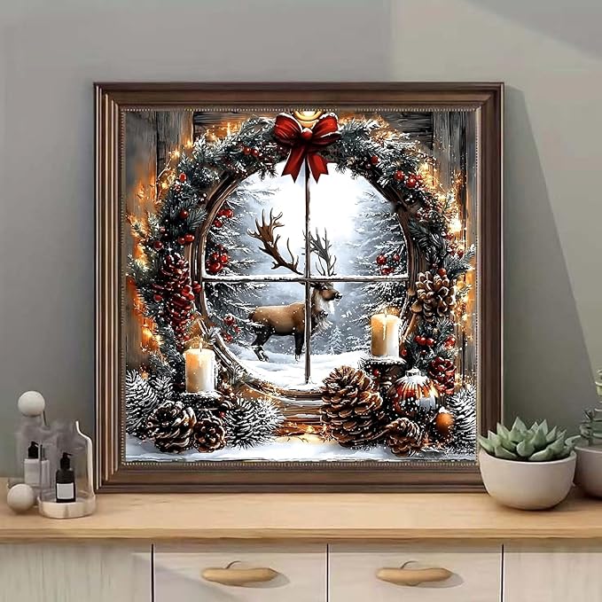 Diamond Art Kits for Adults, Christmas Elk Diamond Painting Kits for Beginners, 5D Full Drill Gem Art Paint with Diamonds Dots Crafts Kits for Home Decor Gift 14x14inch