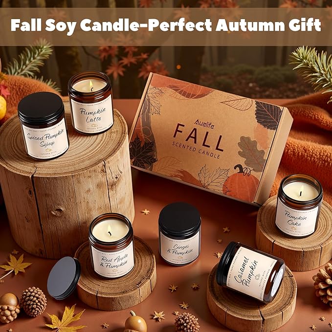 Auelife Scented Candles - Pumpkin Candle Set of 6 | Ginger, Apple, Cake, Caramel, Latte & Spiced Pumpkin Soy Candles | Holiday Candle for Home Décor & Gifts for Women, Cozy Holiday Aromatherapy