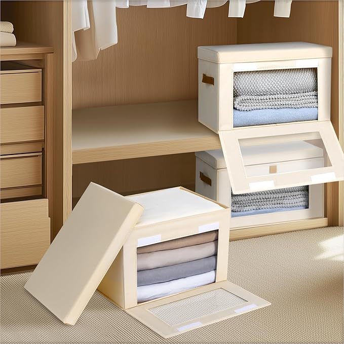 Small Fabric Storage bins - Collapsible Storage Bins with Open Window, 4 Pack Closet Baskets for Shelves, Stackable Decorative Boxes for Home, Dorm, Beige, 13.7"x 9.8" x 9.8"