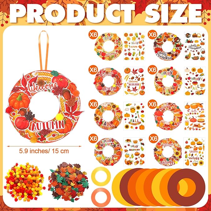 Hollowfly 48 Sets Wreath Craft Kits DIY Wreath Hanging Ornaments Make Your Own Paper Craft with Stickers for Home Party Favors Activities(Autumn)