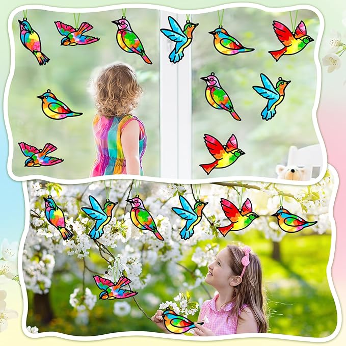 Qyeahkj 36 Set Spring Bird Suncatchers Crafts for Kids DIY Bird Window Tissue Paper Craft Kit Animal Hanging Decor for Summer School Home Activity Art Project Birthday Party Favor Gift