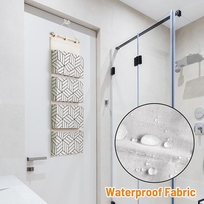 CROWNED 2Pcs Over Door Hanging Storage Bags Wall Mount Closet Organizer, 4 Big Pockets Linen Cotton Fabric Living Room Bedroom Bathroom File Magazine Waterproof Free Hooks White
