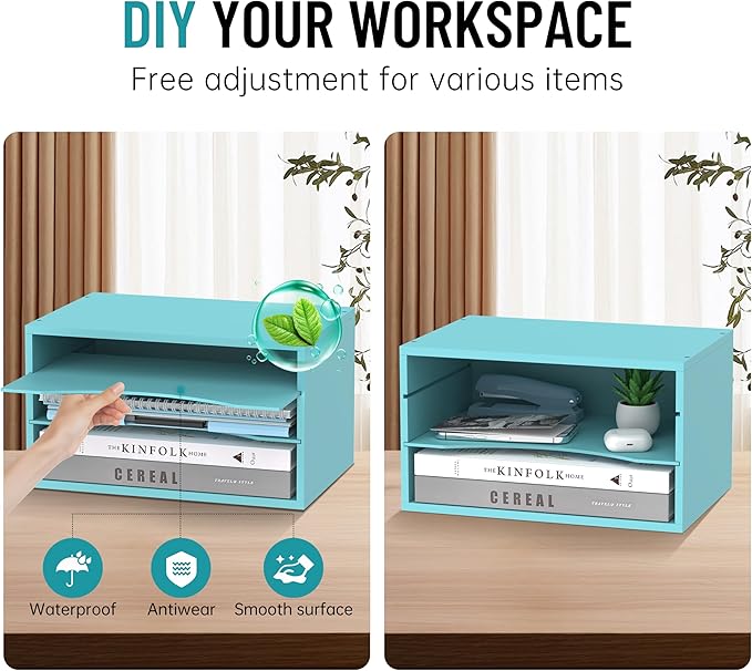 Wood Desk Organizer, 3 Tier Paper Tray Organizer for Desk with Adjustable Storage Shelves, Desktop File Organization Paper Sorter Mail Holder for Office Home Classroom, Blue