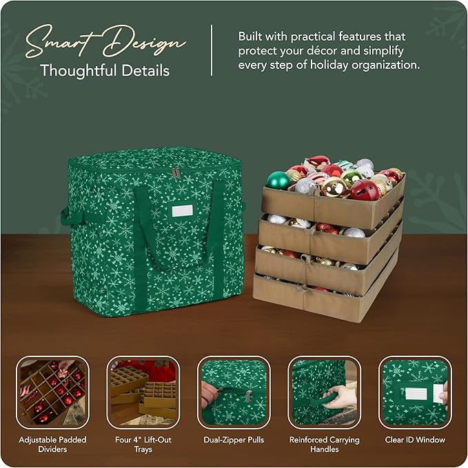 Covermates Keepsakes Adjustable Ornament Storage Bag – Heavy-Duty Polyester, Padded Dividers & FlexGrid Trays – Protective Holiday Ornament Organizer with Handles & Label Window, Green Snowflake