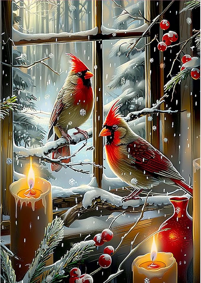 MOGTAA Christmas Diamond Art Kits for Adults, 5D Full Drill Cardinal Diamond Painting Kits for Adults Beginner, DIY Winter Round Diamond Dots for Adults, Gem Art for Home Wall Decor 12 X 16 Inch