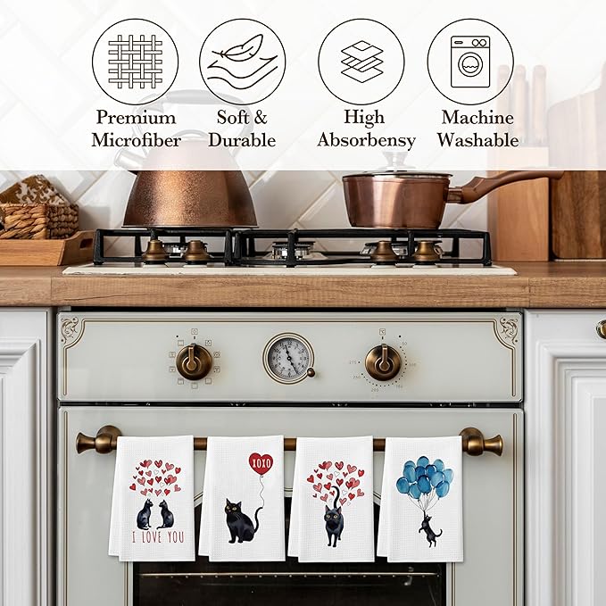 DETIHO Black Cat Kitchen Towel, Cat Lover Gifts for Women Mom, Cute Kitchen Towels Decorative Set 16x24 Inches Set of 4, Hand Tea Towels for Kitchen Bathroom Dish (A09)