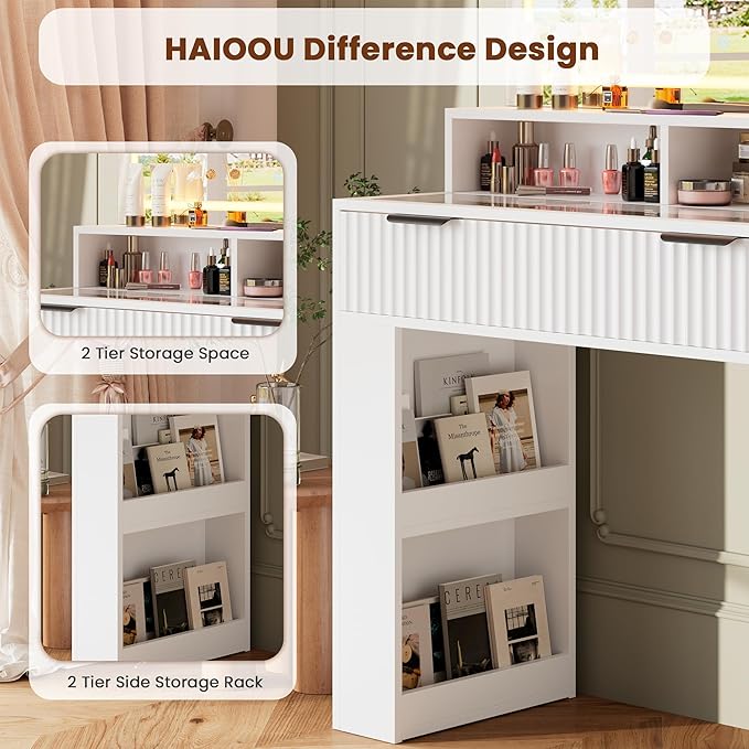 HAIOOU Fluted Vanity Desk with Mirror and Lights,48" Large Makeup Vanity Desk with Charging Station,Dressing Table with 4 Drawers & 3 Open Storage Shelves, Glass Top for Bedroom,White