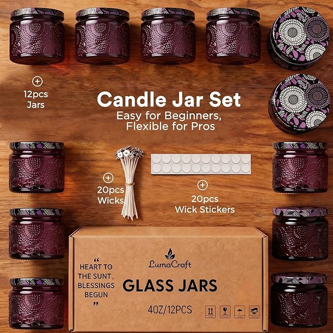 LumaCraft Luxury Embossed Glass Candle Jars for Making Candles - 12 Pack Empty Candle Containers with Airtight Metal Lids, 20 Wicks & 20 Stickers, Colored Glass Jars for Gifts & Decor-4OZ