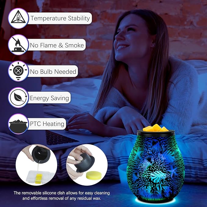EQUSUPRO Wax Melt Warmer Wax Melter Wax Burner for Scented Wax Melts Electric Fragrance Warmer for Wax Cubes & Tarts, Vivid 3D Design 7 Colors LED Light Gift & Decor for Home Office (3D Sea)