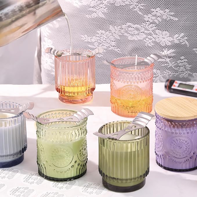 8 Pack Pink Assorted Glass Candle Jars for Making Candles-7 Oz, Empty Candle Containers, Candle Making Supplies, Candle Vessels with Bamboo Lids & Warning Labels, Centerpiece Table Decor