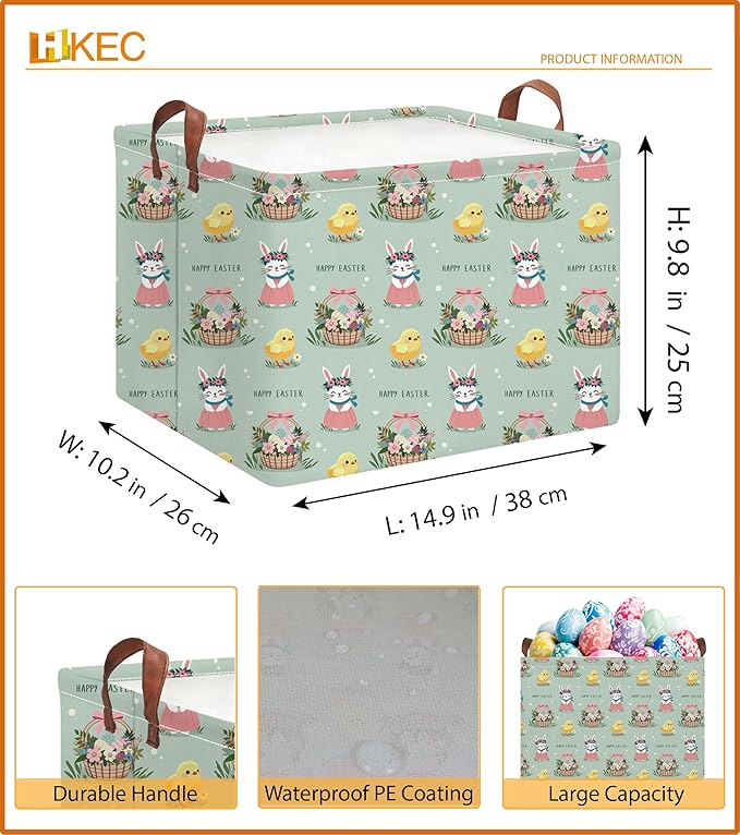 Rectangle Green Easter Basket Empty,Easter Gift Bakset for Egg Hunting,Books Bin with Handles,Room Decor(Pale Green Easter Basket)