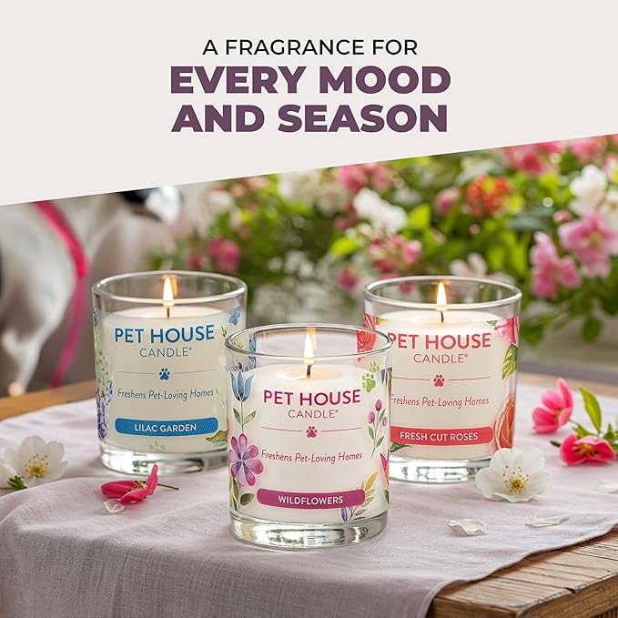 One Fur All Pet House Candle 2 Pack - Plant-Based/Soy - Clean Burning Scented, Long Lasting Pet Odor Candle for Home - Fresh Citrus, Lavender Green Tea