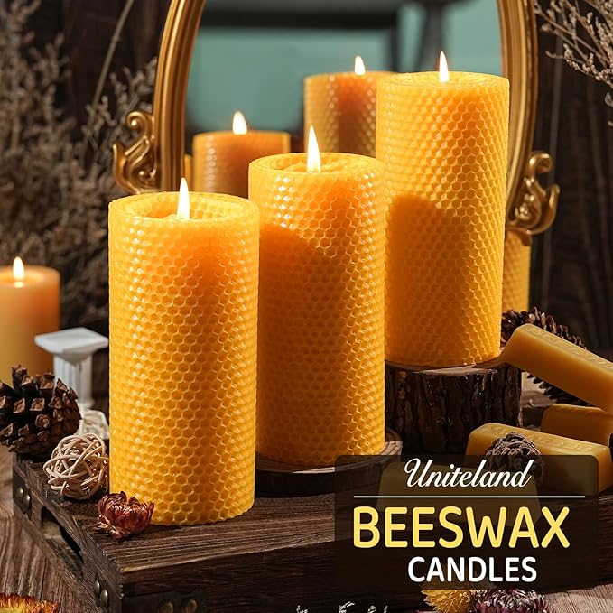 Beeswax Candles - Long Burning, Hand-Rolled White Beeswax Pillar Candles, Handmade Pure Bees Wax Honeycomb Bees Wax Candle for Prayer, Unscented Candles (Yellow, 2.8x6in-2pack)