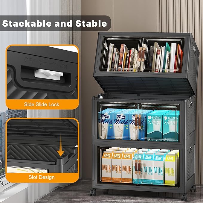 Stackable Storage Bins with Lids & Wheels & Door, Foldable Collapsible Closet Organizers, Extra Large Plastic Storage Drawers for Bedroom Dorm Office Garage (Dark-55qt, 6Pack with 2 top lids)
