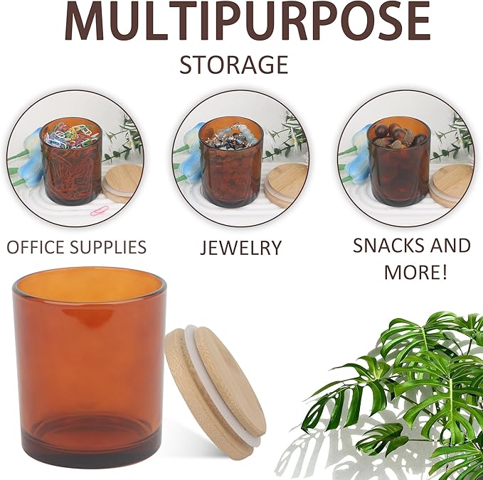 MILIVIXAY 12 Pack 10 OZ Amber Thick Glass Candle Jars with Lids - Bulk Empty Candle Jar for Making Candles - Spice, Powder Containers.