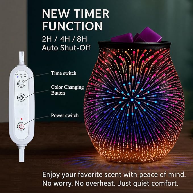 Leyoue 3D Glass Fireworks Electric Wax Melt Warmer with PTC Heating Plate 7 Colors LED Changing Light Wax Burner Melter Fragrance Warmer for Home (Timing Switch)