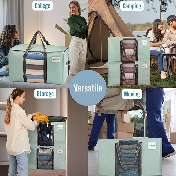 VENO 2 Pack Moving Bags with Clear Window, Heavy Duty Storage Bins with Lid, Around Handles, Tag, Zippers, Extra Large Totes Packing Moving Boxes Supplies for College Dorm Clothes (Light Green)