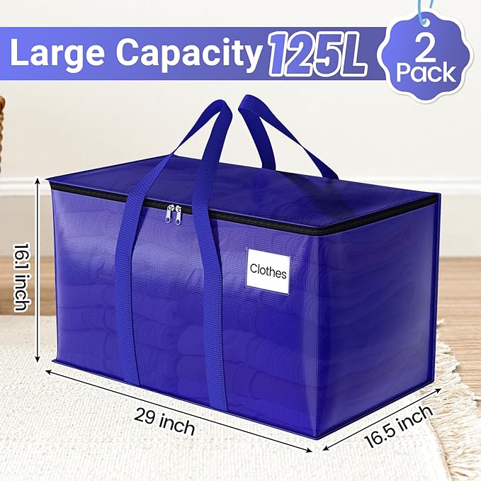FabSpace Moving Storage Bags, Moving Supplies Packing Boxes for Moving, Camping, College Dorm Room Essentials for Girls, Blue Tote Bags, Heavy-Duty Storage Bins With Lids And Zippers, 125L 2 Pack