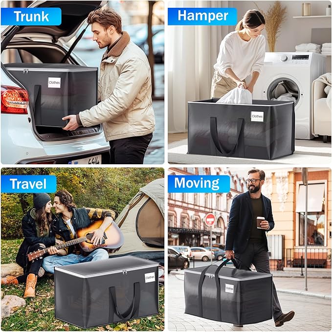ElegantArray 6 Pack Moving Bags Heavy Duty, Moving Boxes, Storage Bags with Zipper & Handles & Tag for College & Dorm Moving Supplies Grey Laundry Hamper Bag, Foldable Space-saving Totes (76L, Grey)