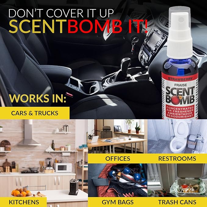 Scent Bomb Air Freshener Spray, Long-Lasting Odor Eliminator - Effective Deodorizer for Home & Car, Fresh Room Spray for Kitchen, Bathroom & Smell Neutralizer - 1 oz Pack of 4, Strawberry Scent