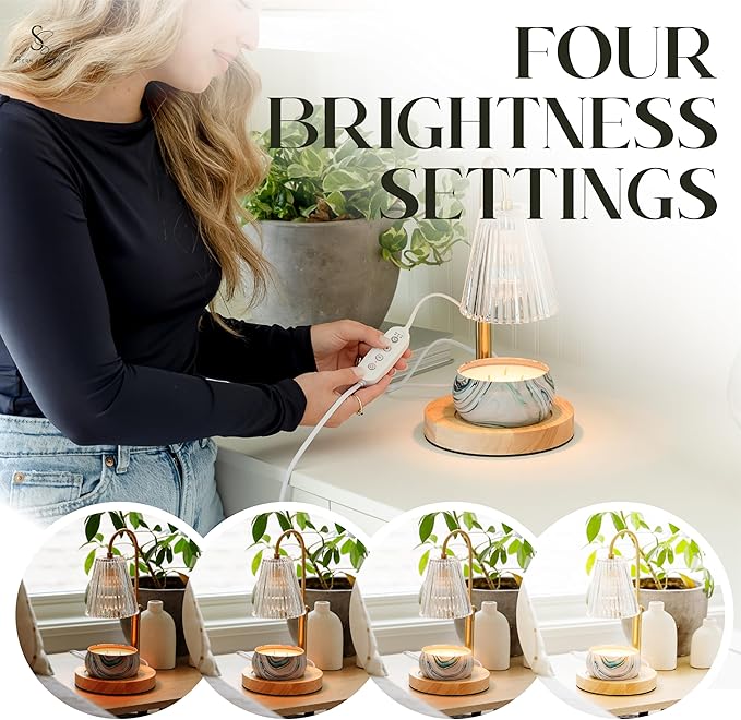 STERN & SPLENDID Adjustable Wood Candle Warmer Lamp for Jar Candles – Large Round Base, Dimmable Electric Candle Melter with Timer, Flameless Candle Heating Lamp with 4 Halogen Light Bulbs