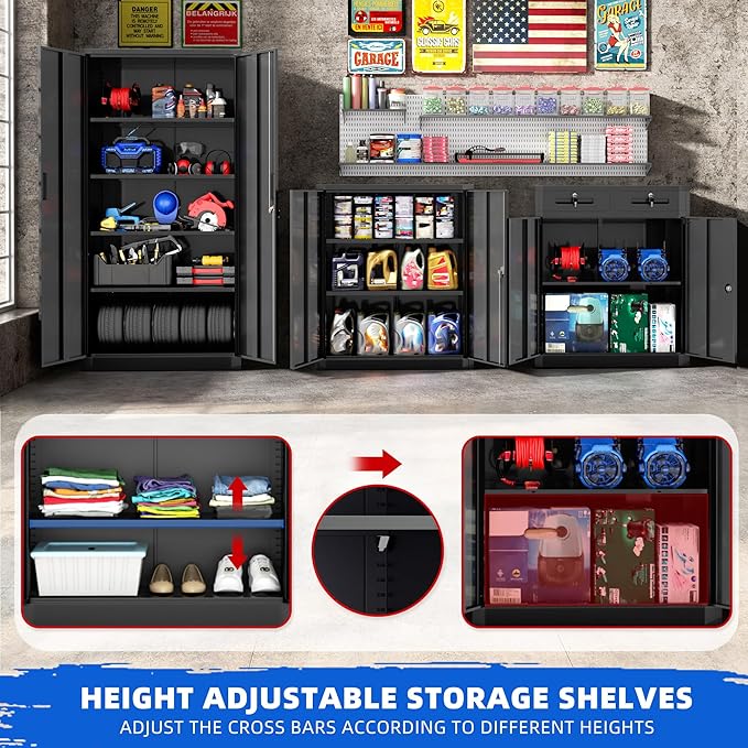 Superday Metal Storage Cabinet, 72" Garage Storage Cabinets with Lock, Black Metal Cabinet with 2 Doors and 4 Adjustable Shelves for Home Office, Classroom, File, Easy Assemble