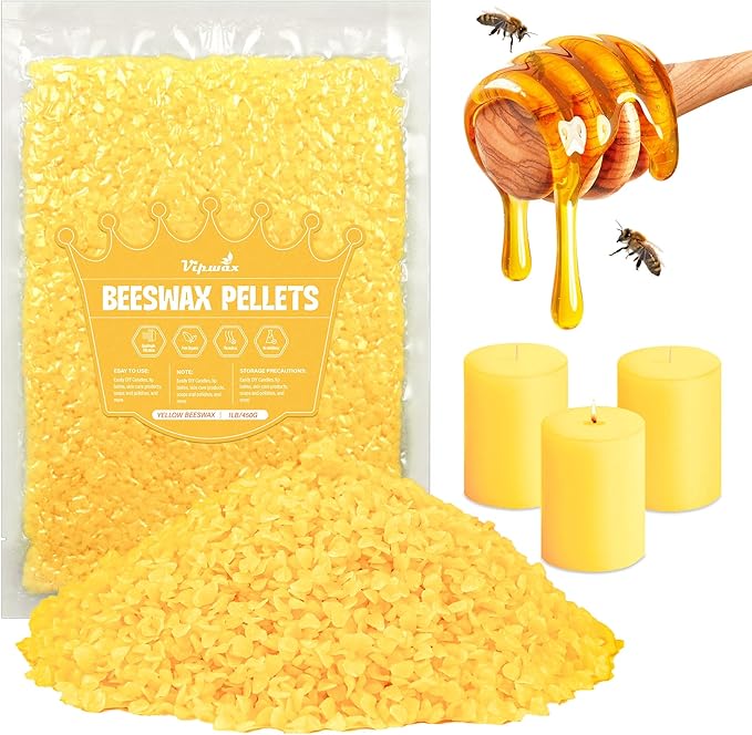 VIPwax Yellow Beeswax Pellets 1LB, Natural Organic Beeswax, Beeswax for Candle Making, Body, Skin Care DIY, Lip Balm and Soap Making Supplies