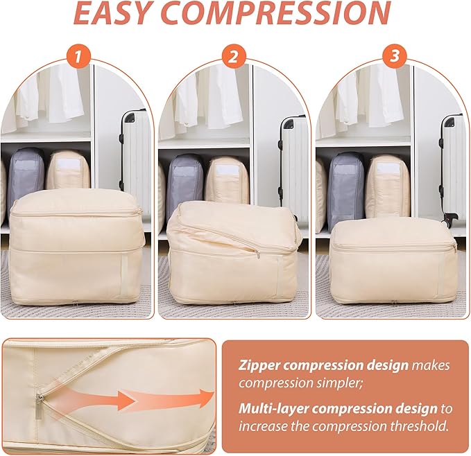 Veki Comforter Storage Bag, Space Saving Self Compression Foldable Blanket Storage Bags, Closet Organizer With Handle and VisualiZation Window, Large capacity 130L for Bedding, Clothes (Apricot L)