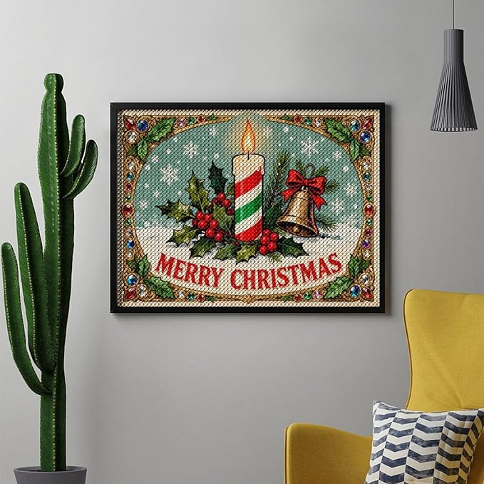 AIVKIEJK Diamond Painting Kits for Adults - Merry Christmas Candle & Holly Accents Painting DIY 5D Full Drill Diamond Dots Paintings with Diamonds Gem Art and Crafts Home Decor 12"x16"