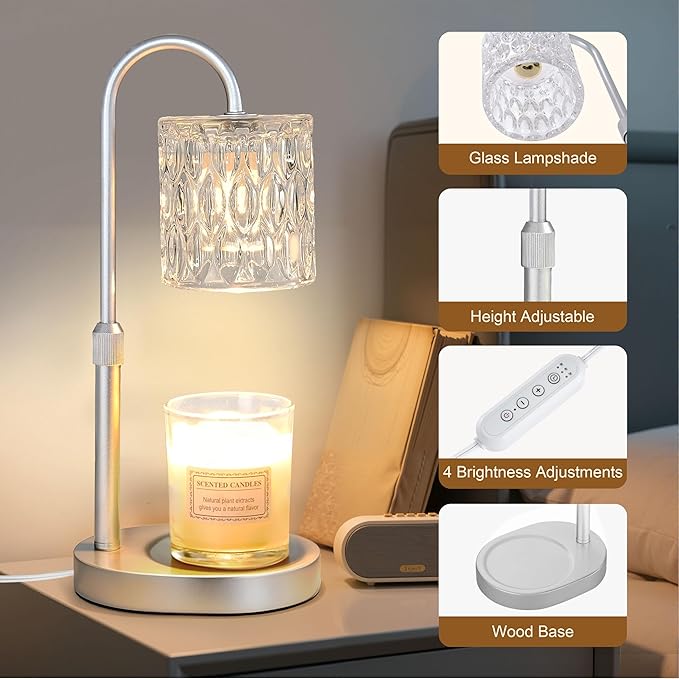 Dreamholder Electric Candle Warmer Lamp with Timer & Dimmer, Adjustable Height Wax Melt Warmer for Jar Candles, Wood Base Candle Melter, Floral Home Decor Gifts for Women, Mom, Silver Glass