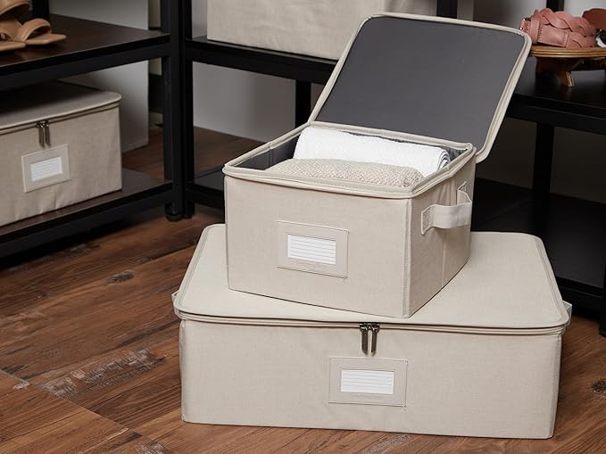 Covermates Keepsakes Zip-Top Storage Box Set, 3 Pack Heavy Duty Polyester Organizer Bins, Stackable Design, ID Window, Reinforced Handles, Closet Home Storage, Beige Heather