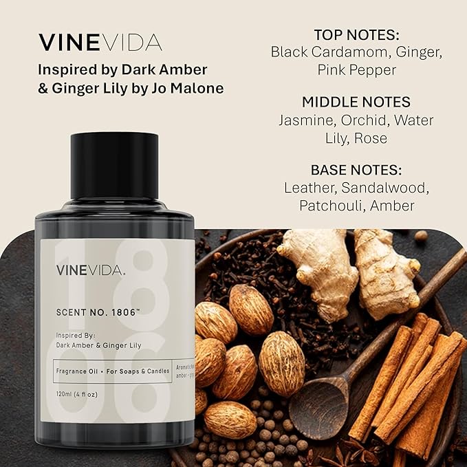 VINEVIDA [16oz] Dark Amber & Ginger Lily Fragrance Oil for Candle Making - Natural Candle Oil Scents - Soap Making Essential Oil - Made in USA