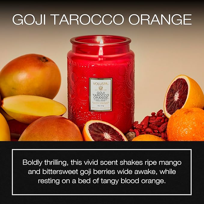Voluspa Goji Tarocco Orange Candle, 18 oz, Coconut Wax Blend, Scented Candles for Home, 100 Hour Burn Time, Candle Jars