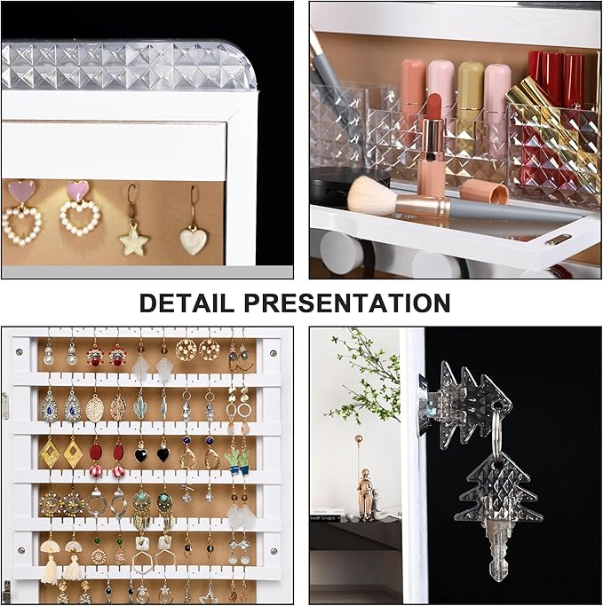 Lvifur 47.2" LED Jewelry Mirror Cabinet,Lockable Wall/Door Mounted Full Length Mirror with Storage, Over the Door Hanging Jewelry Organizer-2 Drawers,Foldable Shelf, Built-in Lighted Mirror (White)