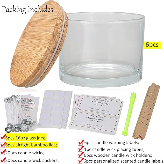 MILIVIXAY 6 Pack 16 oz Candle Jars with Bamboo Lids and Candle Making Kits - 3 Wick Candle Jar,Bulk Empty Clear Thick Glass Jars for Making Large Candles - Spice, Powder Containers.