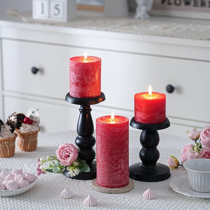 3x3 Inch Bright Red Pillar Candles Set of 3 - Hand-Poured Unscented Candles, Long Clean Burning, Large Big Candle, Smokeless Dripless Candle for Dinner Table, Wedding, Home, Rustic Decor