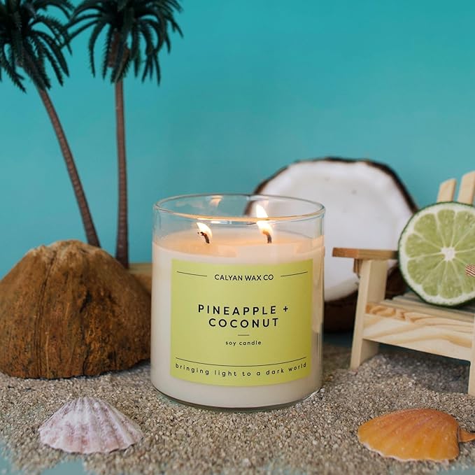 Calyan Wax Co. Pineapple & Coconut 2 Wick Scented Candle - 37 Hour Burn - Luxury Non Toxic Soy Wax Candles - Long Lasting Large Glass Jar Candle for Home - 8.8oz