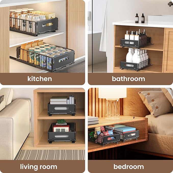 Pull Out Cabinet Organizer, 2 Pack Heavy Duty Slide Out Drawers Pantry Shelves Fixed With Strong Adhesive Glue and Handle for Kitchen, Living Room, Bathroom, Home (14.8" D X 9.6" W X 3.9" H)