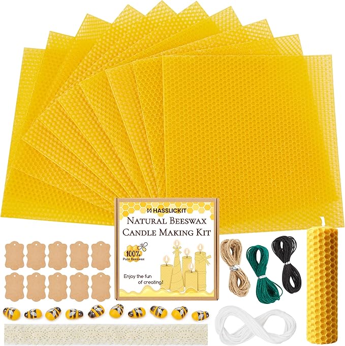 HASSLICKIT Natural Beeswax Candle Making Kit for Beginners-12 Beeswax Sheets for Candle Making Rolling DIY Kits (Natural Yellow Color, 8 x 8 inch)