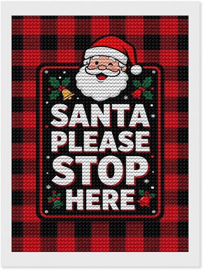 AIVKIEJK Diamond Painting Kits for Adults - Holly & Stars, Santa Please Stop Here Painting DIY 5D Full Drill Diamond Dots Paintings with Diamonds Gem Art and Crafts Home Decor 12"x16"