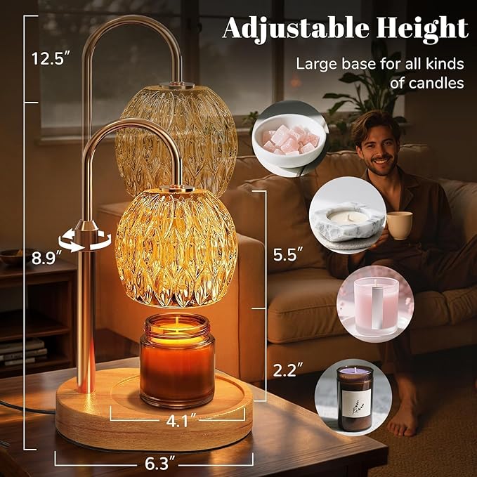 Candle Warmer Lamp with Timer Dimmer,Adjustable Height Wax Melting Lamp for Jar Candles, Aesthetic Vintage Home Decor for New House Warming, Gift for Women Birthday Valentine's Day(Gold)