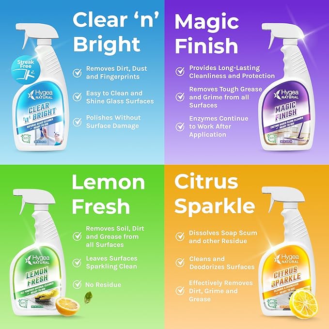 Hygea Natural Cleaning Supplies Kit All Purpose Cleaners, Citrus Degreaser, Floor and Tile Cleaner, Window, Glass and Mirror Cleaner- No Harsh Chemicals, Family safe - 4 Pack 24 oz Sprays