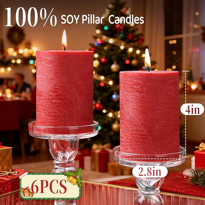 6 Pack Red Pillar Candles,Natural Soy Pillar Candles,330 H Long Lasting Burning 2.8x4in Unscented,Dripless and Smokeless Rustic Hand-Poured Candles Dinner Table,for Valentine's Day,Wedding,Home Decor
