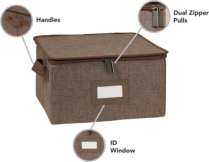 Covermates Dish Storage Box – China & Dinner Plate Storage Container with Dual Zippers, Reinforced Handles, ID Window & Stackable Structured Walls for Dishware Organization, Brown Heather