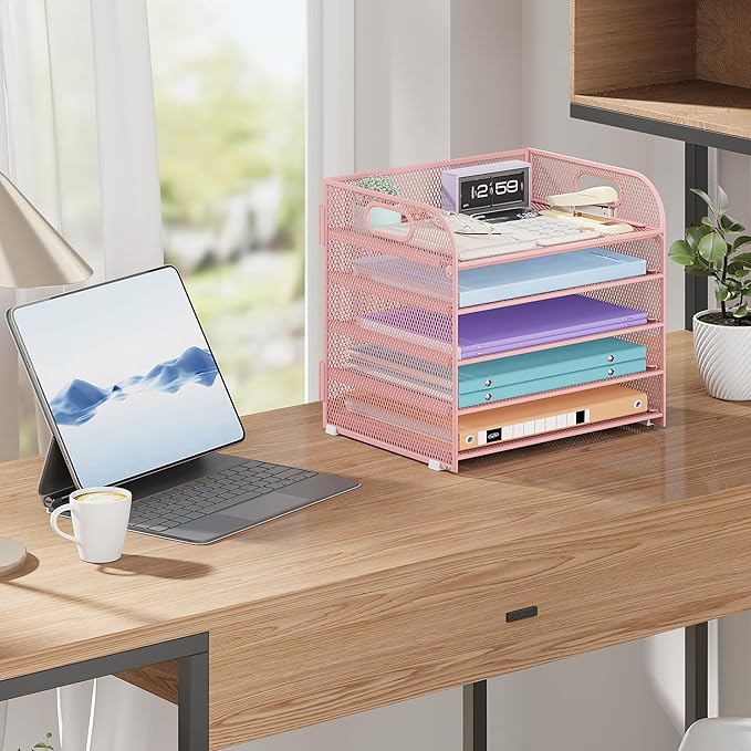 Cawukege 2 Pack 5 Tier Paper Organizer, Letter Tray with Handle, Mesh Desk Organizer, Metal File Organizer, Office Desk Accessories for Home, Office, Classroom, School -Pink