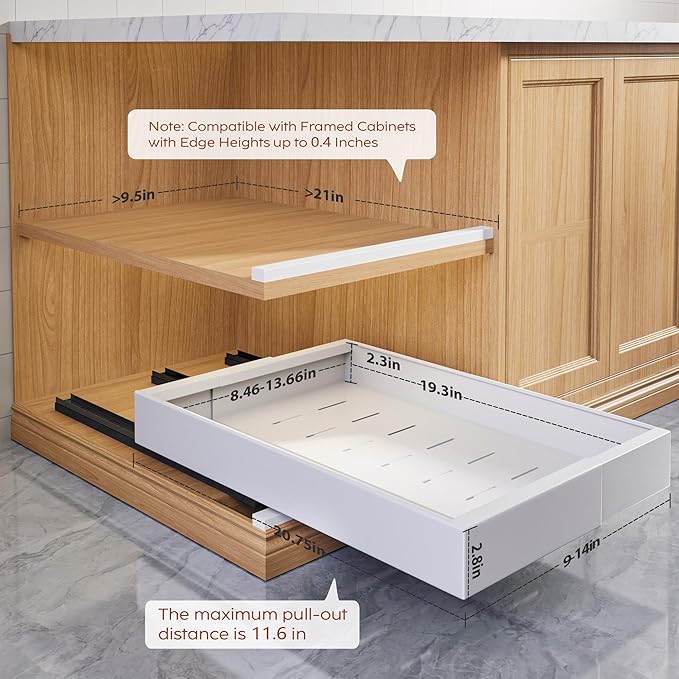 Seinloes 4 Pack Pull Out Cabinet Organizers 21" Deep With Raising Pad for Framed Cabinets, Expandable Width (9"-14") Slide Out Drawers Upgrade 3 Slide Rails, Roll Out Shelves Adhesive, White