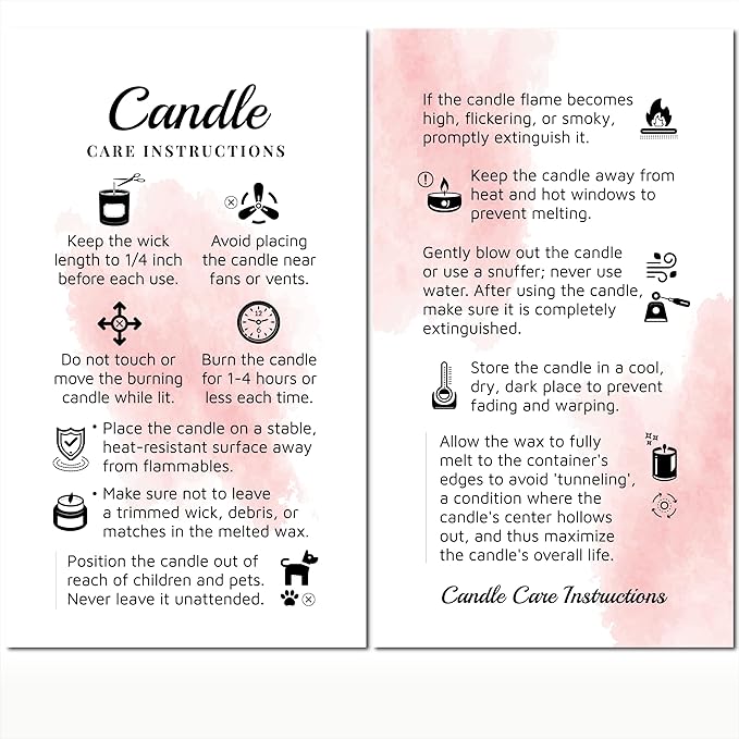 200 pack - Premium Handmade Candle Care Instruction Cards Pink White 2x3.5 in, Small Business | Soy Bees Wax Melt, Candle Makers, Making Supplies Kit Set, Containers, Jars, Package