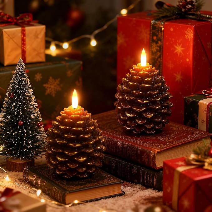 2pcs Flameless Pinecone Candles with Remote, Battery Operated Pine Cone Candles Real Wax Winter Decor, Flickering LED Christmas Decoration, D3.5 x H5 Inch, Brown & Gold Trim